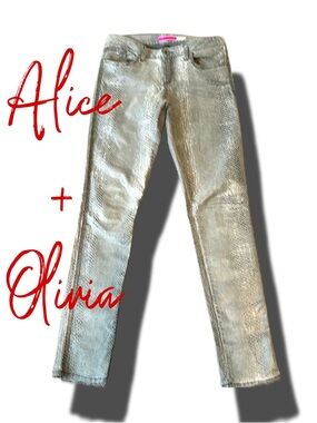 Alice + Olivia Silver Metallic Snake-Texture Skinny Jeans